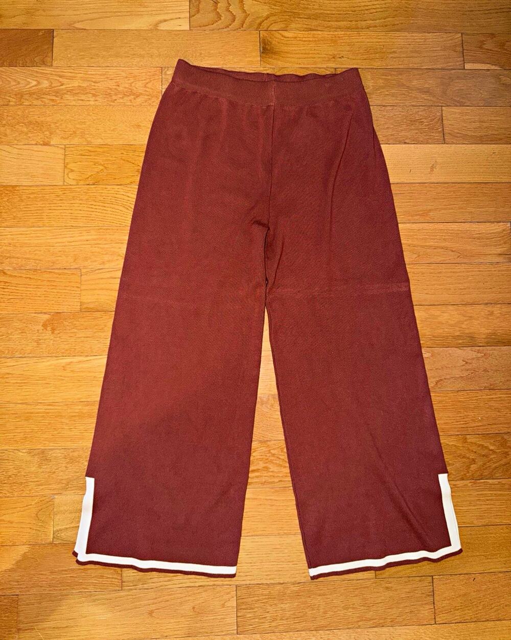 Women's Brown Rust Knit Wide-Leg Pants White Trim Solid Elastic Waist Size XL
